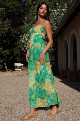 Floral Print Spaghetti Strap Open Back Maxi Dresses-Green